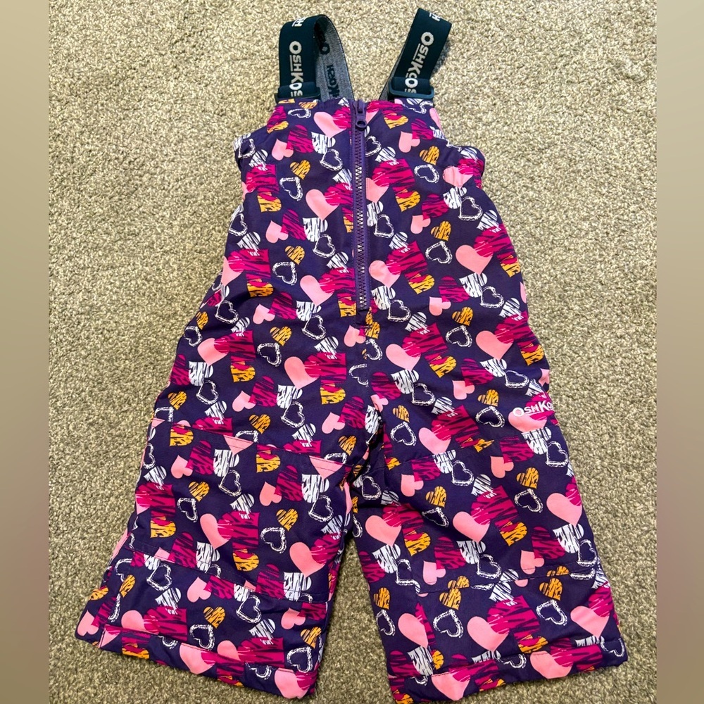 OshKosh B'gosh Purple Pink Heart Printed Kids‎ Snow Bib Overalls Size 12m